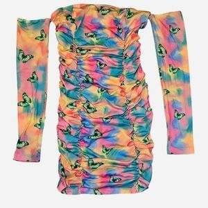 Shein XS Rainbow Tie-Dye Butterfly Ruched Bodycon Dress Off Shoulder Sleeves